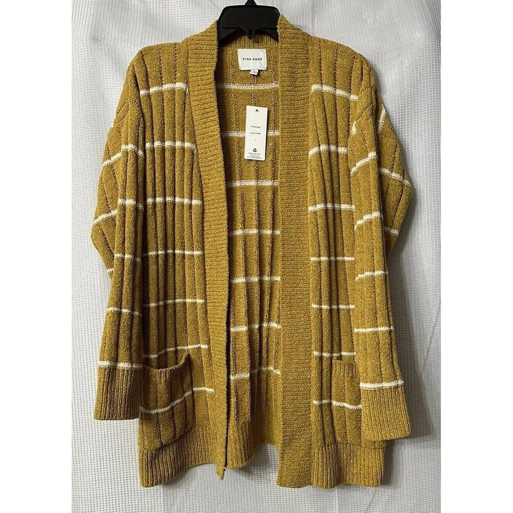 NWT Pink Rose Womens Long Sleeve Open Front Gold Sweater Cardigan Size Large
